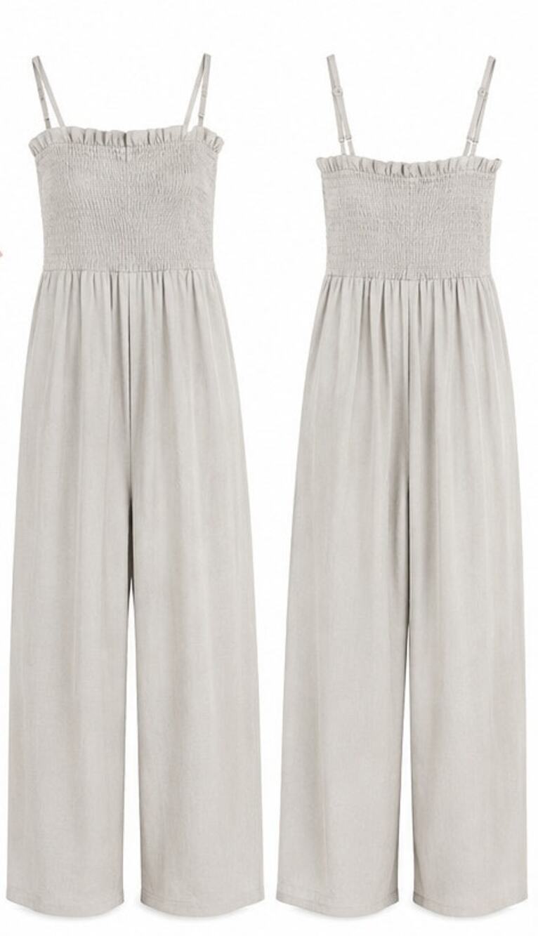 Bella Dahl Cement Gray Smocked Spaghetti Wide Leg Jumpsuit With Pockets Size M